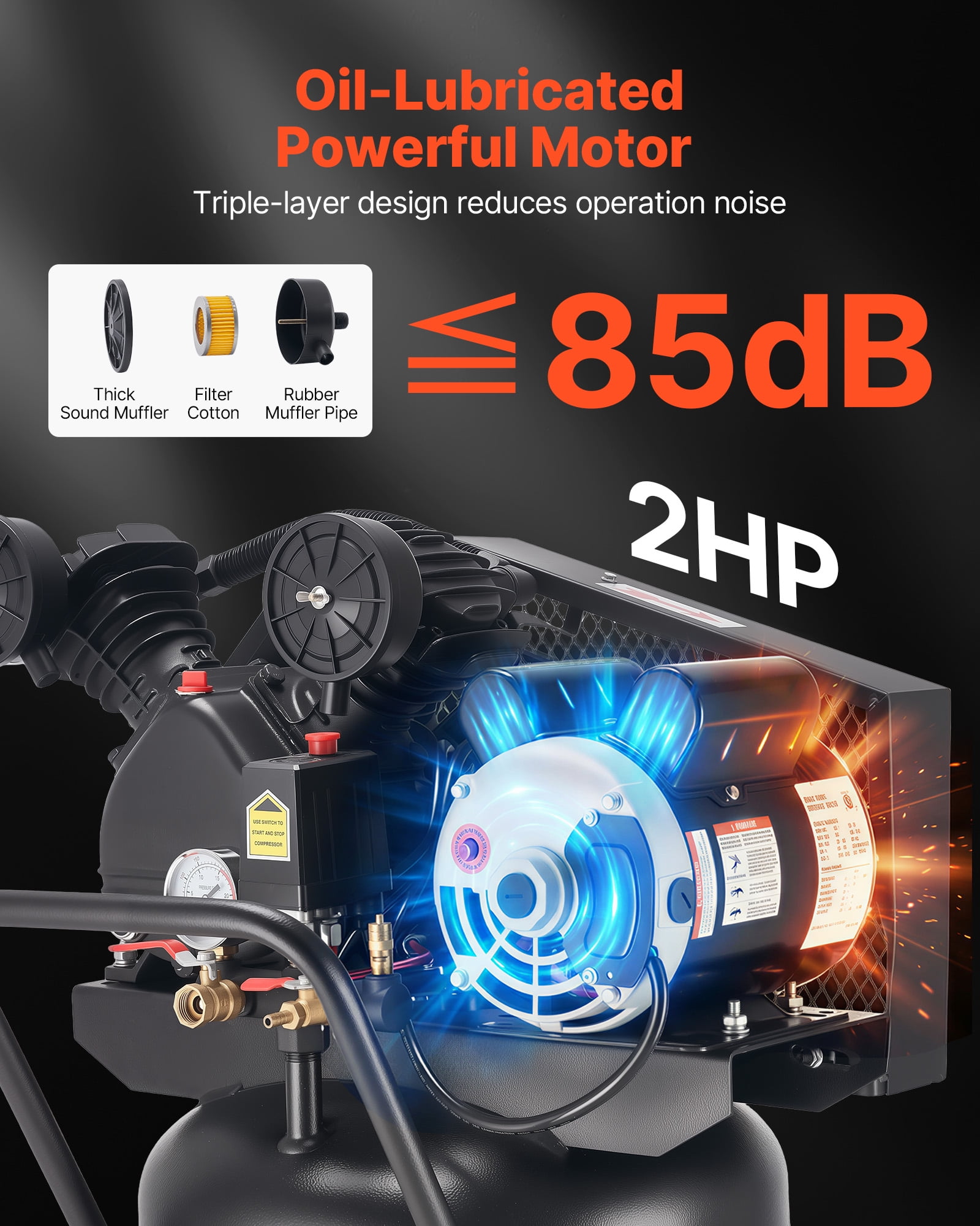 VEVOR 25-Gallon Air Compressor, 2HP 5.5 SCFM at 90PSI, Max 200PSI Pressure Oil-Lubricated Air Compressor Tank, Portable on Wheels for Auto Repair, Tire Inflation, Spray Painting,Woodwork Nailing,120V
