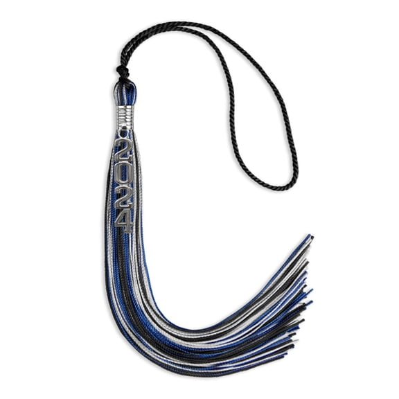 Black/Royal Blue/Silver Mixed Color Graduation Tassel with Silver Stacked Date Drop