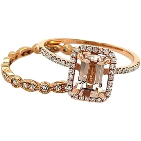 Dazzlingdaimonds Jewels 925 Sterling Silver 2.00 Ct Emerald Cut Morganite & Diamond Wedding Engagement Thanksgiving Christmas Bridal Ring Set 14K Rose Gold Plated For Women's -8