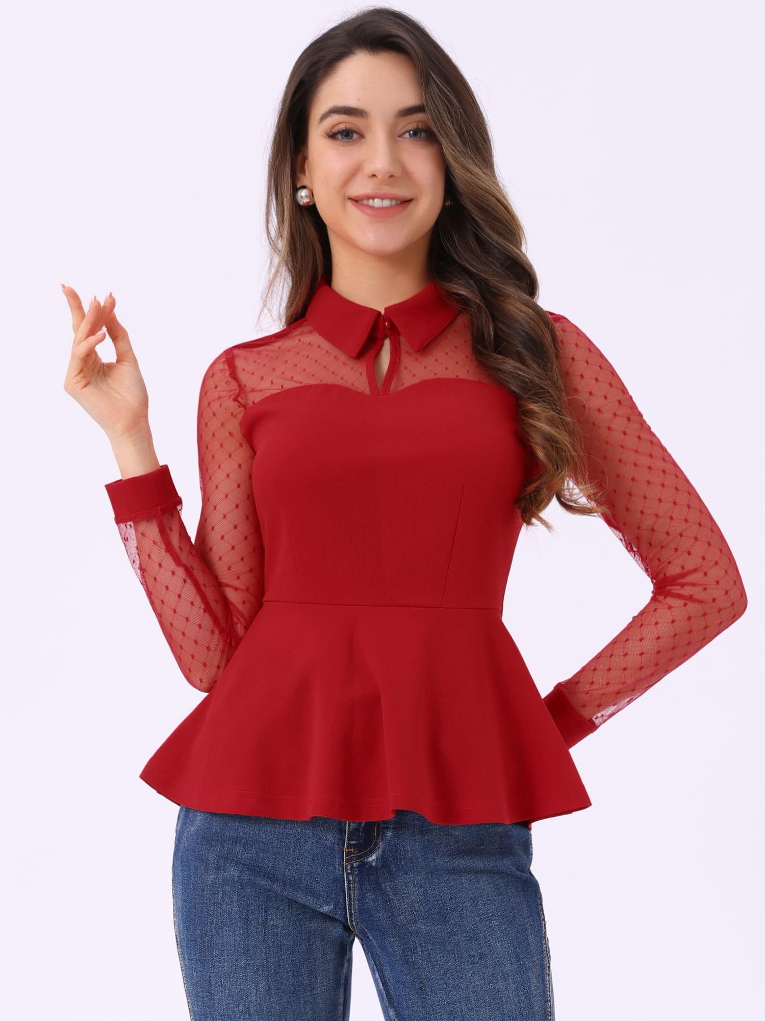 DARING DIVA Mesh Sheer Keyhole Peplum Top S Red