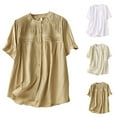 thumbnail image 7 of Lovskoo Cotton Linen Summer Tops for Women 2024 Round Neck Short Sleeve Solid Color Trendy Pleated Button Up Shirt Top Shirt Khaki, 7 of 7