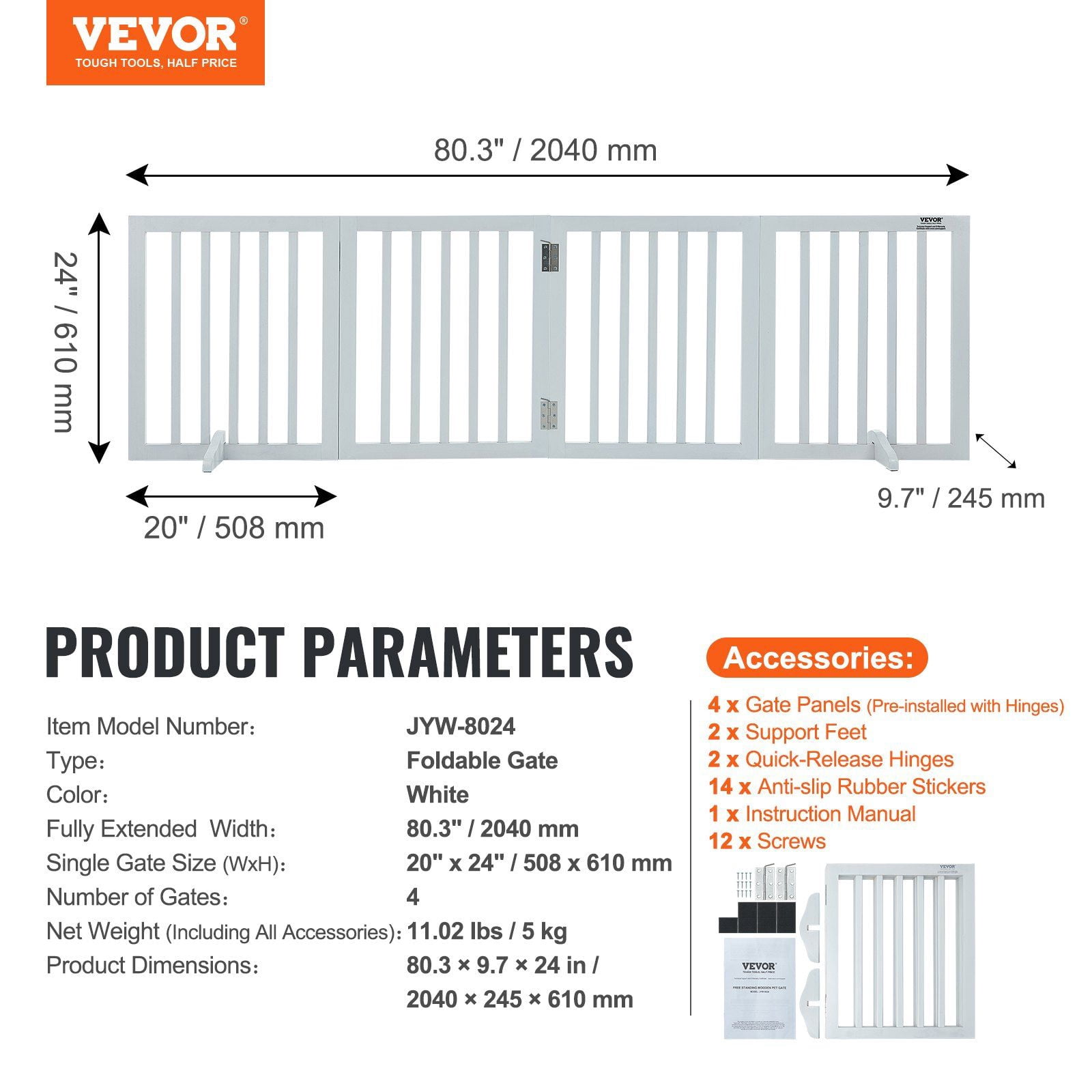 Free Standing Dog Gate 24" H x 80.3" W, 4-Panel Foldable Pet Barrier for Wide & Narrow Doorways, Silent Anti-Slip Feet, Adjustable Indoor Dog Fence, White