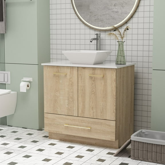 OXYLIFE 30 inch Bathroom Vanity Storage Cabinet with Sink for Bathroom, Oak