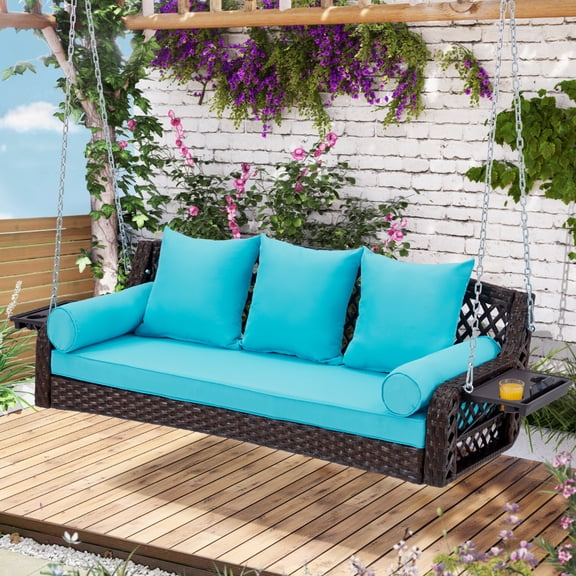 3 Seat Porch Swing, Wicker Patio Swing with Cup Holders & 3 Back Cushions, Yard Swing with Chains for Deck Garden Backyard,Brown Seagrass Rattan,Lake Blue Cushion,56-inch