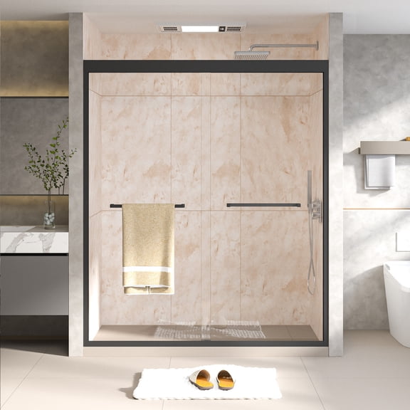 56-60"W x 70"H Semi-Frameless Double Sliding Shower Door, 1/4"(6mm) Glass, Black