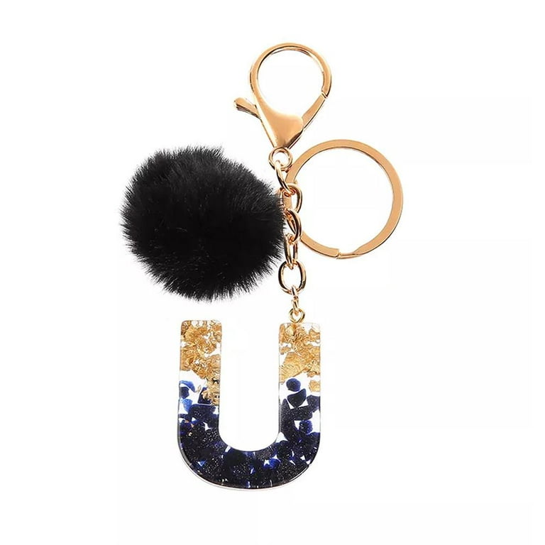 Black Resin Letter A-Z Keychain Alphabet Charm Key Ring with Pompom Fur  Ball for Women Girls Handbag Purse Q2L8 