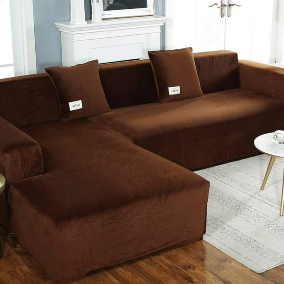 Fatty Farmer Plush L Shape Sofa Cover,Velvet Stretch Sofa Covers for Dogs L Shape Sectional Couch Sofa Slipcover Stain Resistant Couch Protector-Brown L-Shape 3+3 Seats