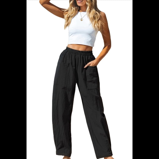 Pantalones de Verano para Mujer, Estilo Palazzo, Holgados, de Cintura Alta, Estampados, para Vacaciones en la Playa Negro XXL