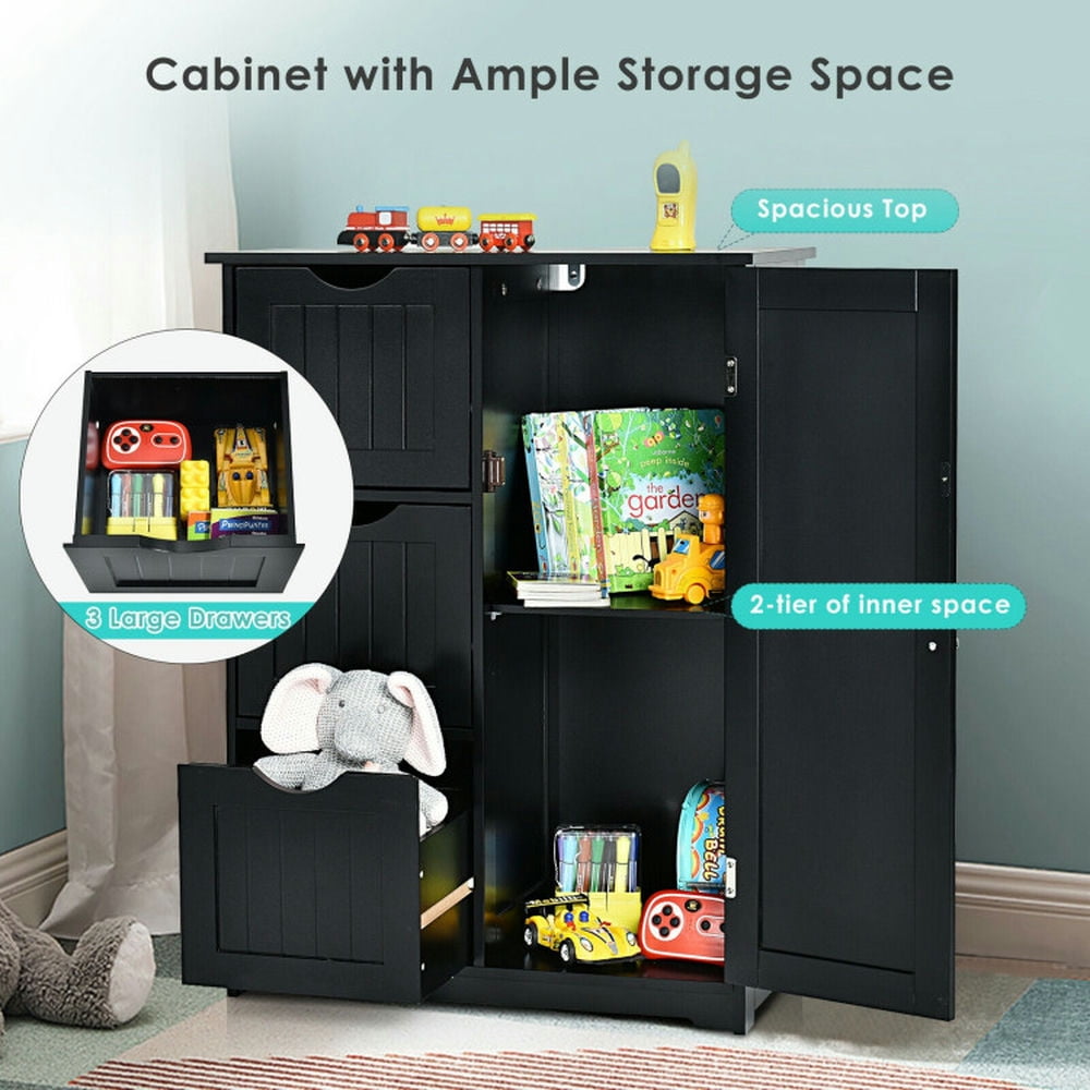 Finihen Storage Cabinet, Floor Cabinet, Bathroom Floor Cabinet Side Storage Cabinet with 3 Drawers and 1 Cupboard, for Bathroom, Living Room, Bedroom, Kitchen, Black