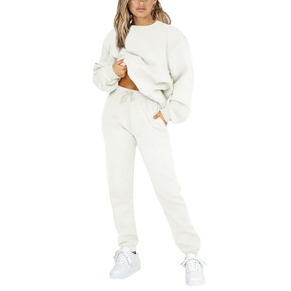 Capreze Long Sleeve Sweatsuits For Womens Solid Color Casual Lounge Sets Long Sleeve Activewear Joggers Outfits White M