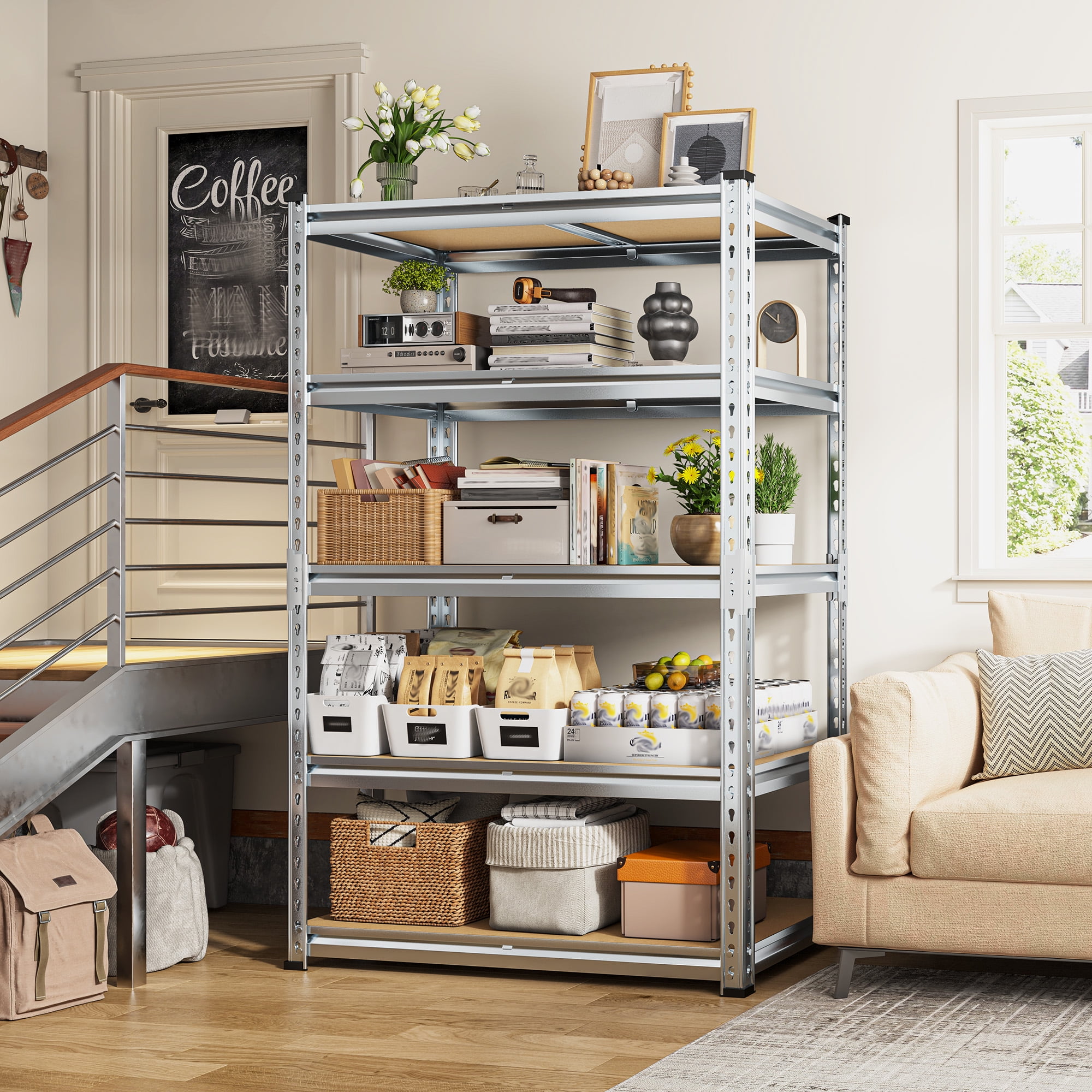 REIBII 2020LBS Storage Shelves 5 Tier Garage Shelving Heavy Duty Adjustable Shelf Units for Warehouse Pantry Closet,35.5"Lx11.9"Wx 72"H,Galvanized