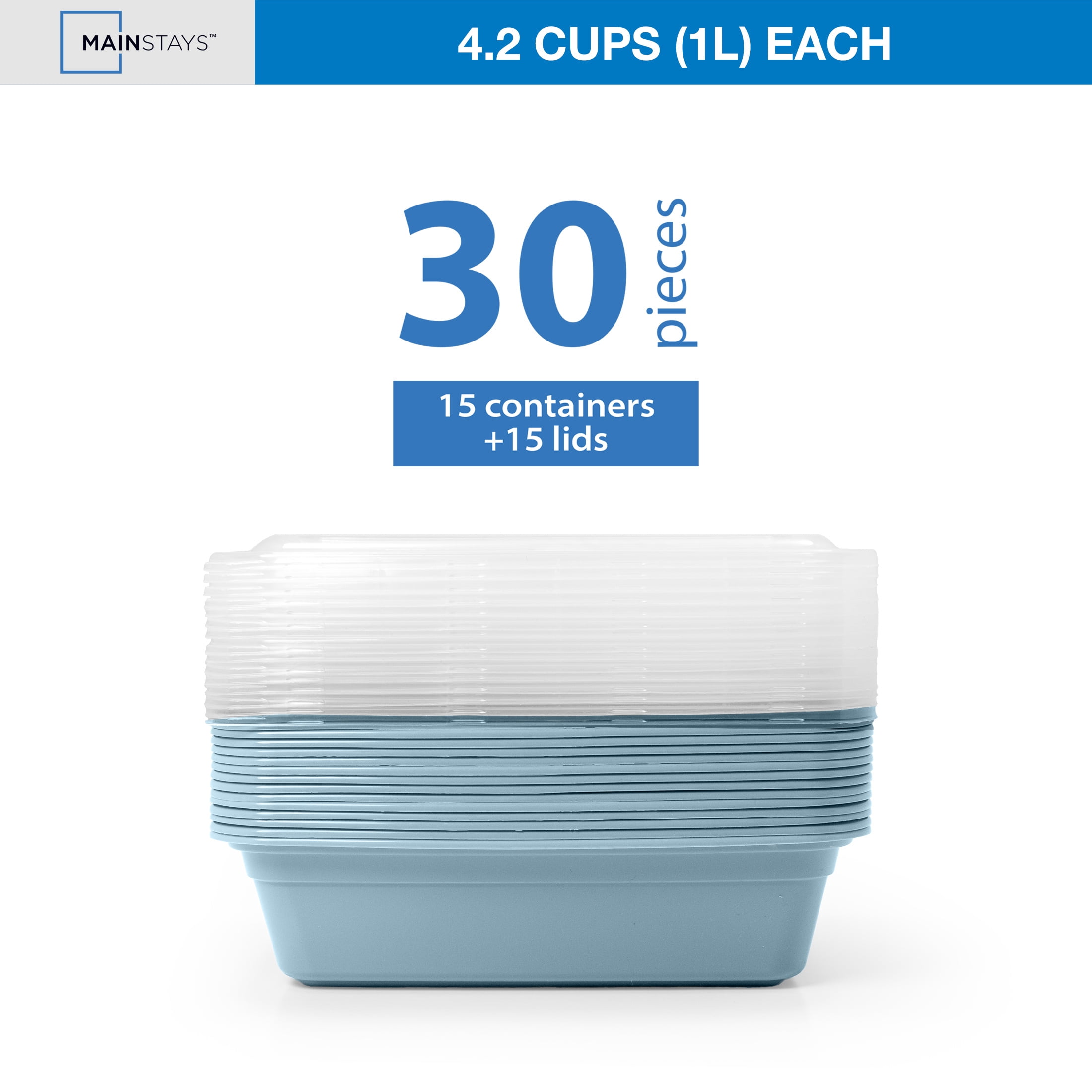 Mainstays 15-Pack 1-Compartment BPA-Free Plastic Meal Prep Food Storage Containers, Blue Cameo