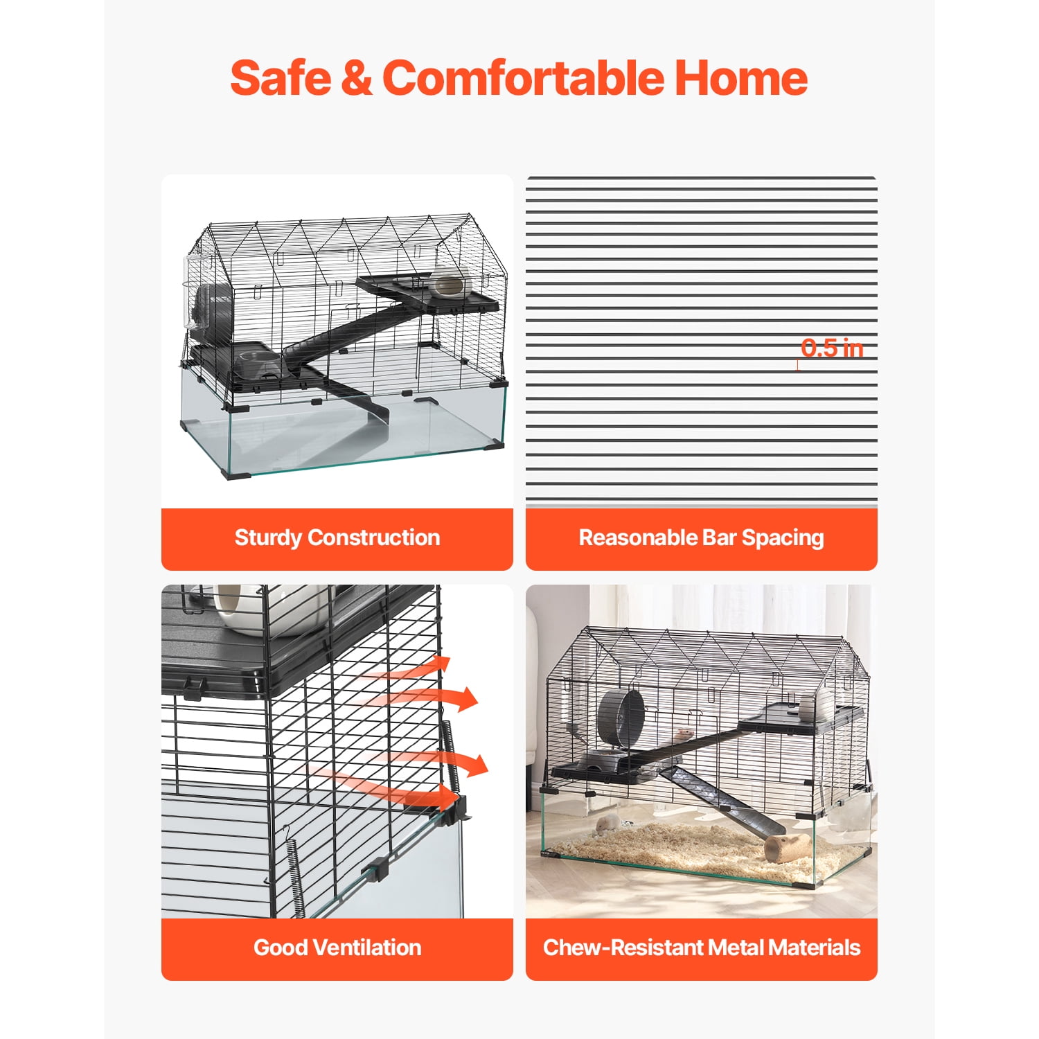 KFFKFF Rodent Enclosure, Full View Clear Rodent Homes, Compact Creature Habitat, 29.5 x 17.3 x 24 in, Breathable Pet Rodent Cages with Hydration Bottle, Mobile Rodent Residence for Rats, Guinea Pigs