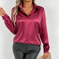 thumbnail image 5 of Button Down Shirts for Women Satin Work Office Tops - Dressy Loose Long Sleeve Lapel Casual Tunic Blouse Red L, 5 of 7