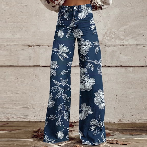 AUNVITO Women's Denim-like Print Casual Pants with Button Closure Front Pockets and Zipper Fly for Relaxed Fit and Comfortable Wear