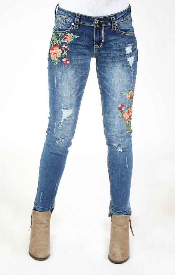 Grace in LA Jeans Women's Distressed Floral-Detail Embroidered Junior ...
