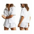 thumbnail image 3 of Womens Casual 2 Piece Outfits Cotton Linen Sets Button Down Shirt Shorts 2025 Beach Coverup Set White S, 3 of 7