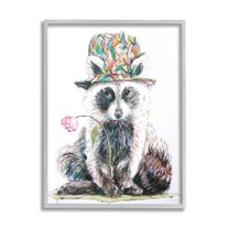 Raccoon Pink Blossom Hat Animals & Insects Graphic Art Gray Framed Art Print Wall Art