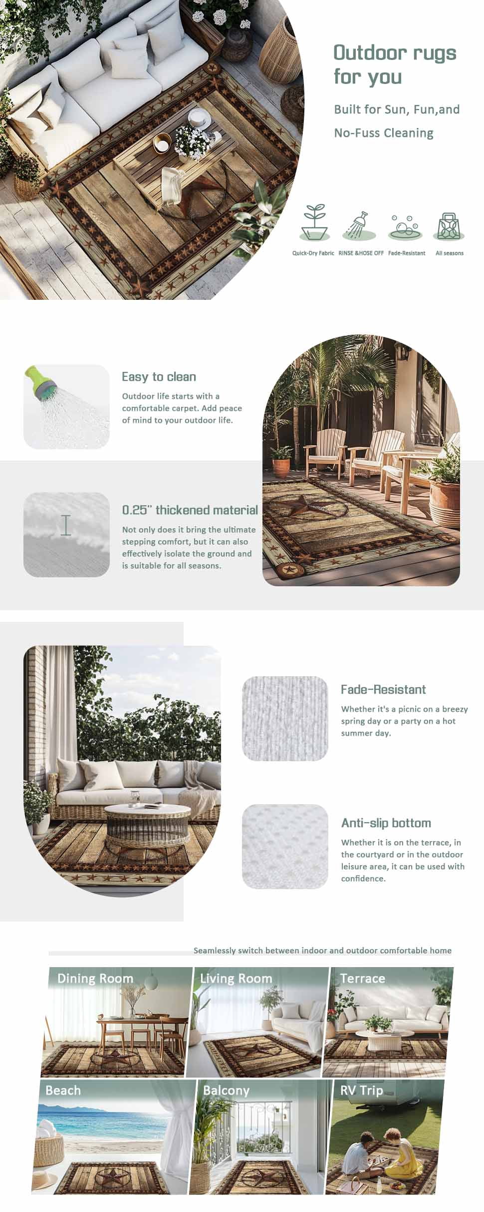 Western Farmhouse Outdoor Rug 6x9 Ft - Reversible Patio Rug Outdoor Camping Rugs, Primitive Rustic Country Retro Texas Star Indoor Outdoor Area Rugs, Non-Slip Outdoor Carpet Runner for Deck/Porch