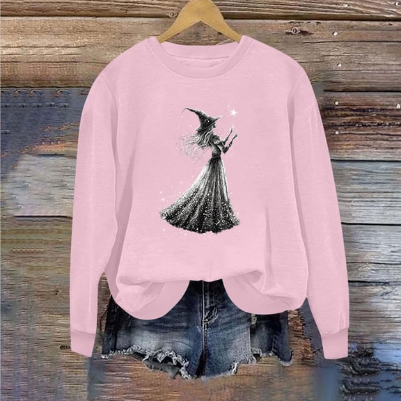 Mifsaly Halloween Sweatshirt Vintage Witch Graphic Long Sleeve Pullover Tops Crewneck Casual Fall Holiday Party Slouchy Sweatshirts Pink,M