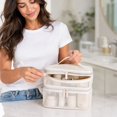thumbnail image 7 of Double-Layer Mesh Toiletry Bag with Zippered Compartments and Handle, Beige Travel Bathroom Organizer, Large Makeup Storage Bag for Women, Cosmetic Pouch for Vacation, 7 of 7