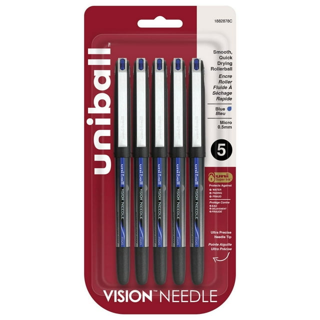 Stylos roller à pointe aiguille Uniball™ Vision, pointe micro (0,5 mm), bleu, lot de 5