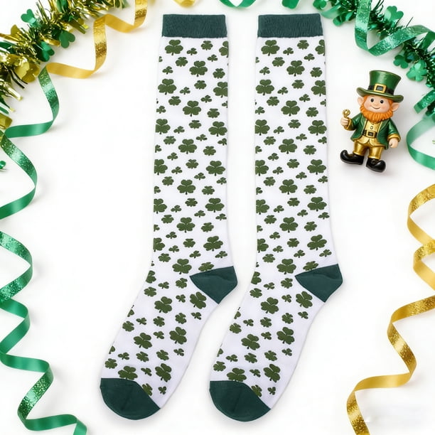 Uuiauoio 1 Pairs St.Patrick's Day Socks Shamrock-Clover-Stripe-Socks Irish-Green-Costume-Socks for St.Patrick's Day Mardi Gras