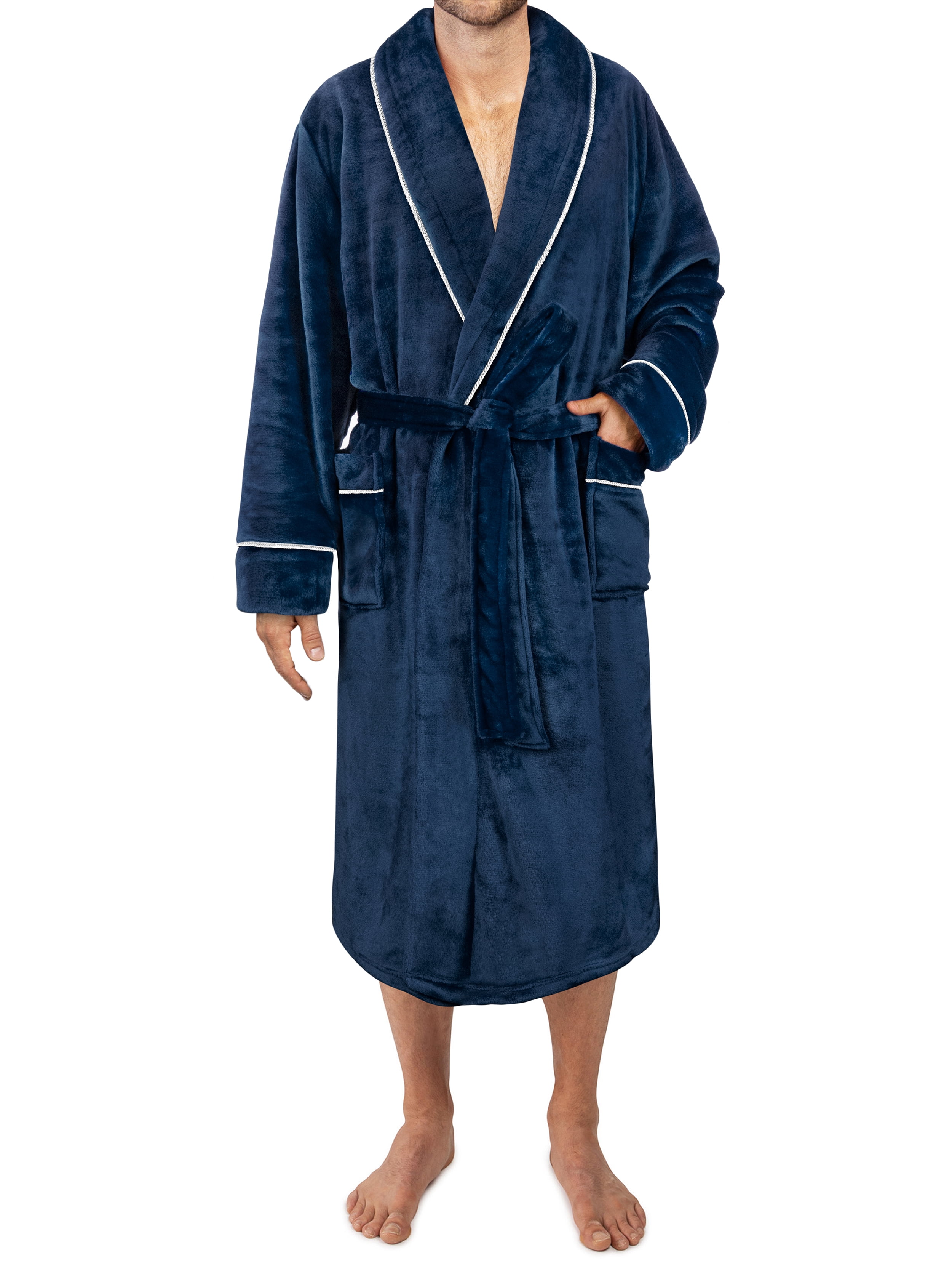 Bumplebee Mens Fleece Hooded Robe Plush Collar Shawl Bathrobe Soft Warm Long Sleeve Dressing Gown
