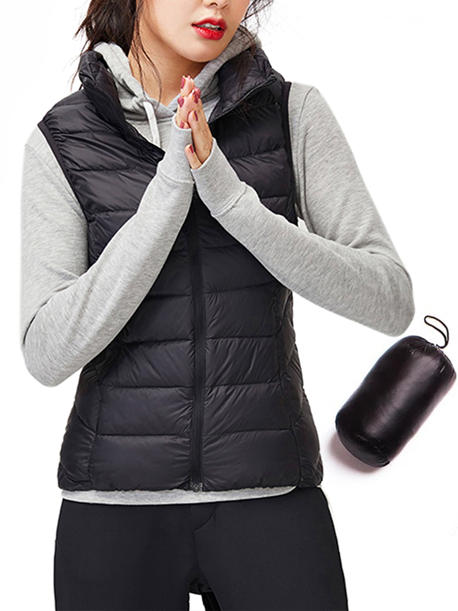 Womens Padded Vest Hoodie Full Zip Up Lightweight Quilted Gilets Outwear Sleeveless Jackets