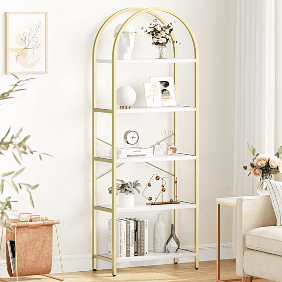 Jojoka Bookshelf 5 Tier Bookcase Arched Display Racks Tall Standing Bookshelves Metal Frame Open Storage Rack Shelf Large Black Book Shelf for Bedroom, Living Room, Home Office,