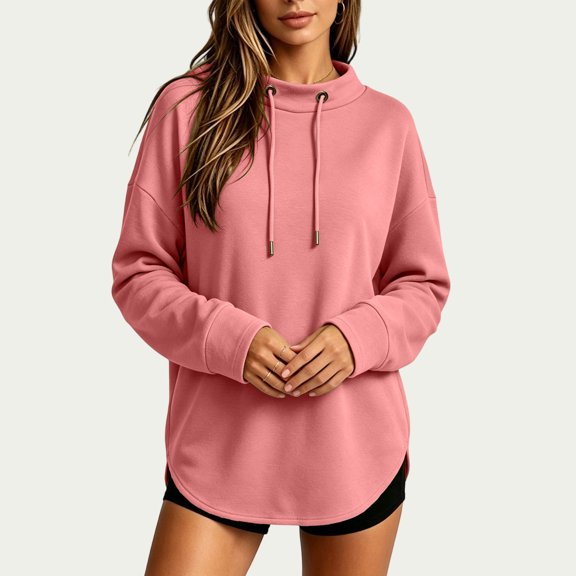 Vivianyo HD Women's Long Sleeve Mock Neck Sweatshirt, Curved Hem Loose fit Pullover Top for Women, Fall Casual Knit for Short Trip and Home Relaxation, Sizes S-2XL