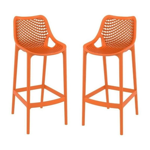 Pemberly Row Polypropylene Patio Bar Stool in Orange - Set of 2