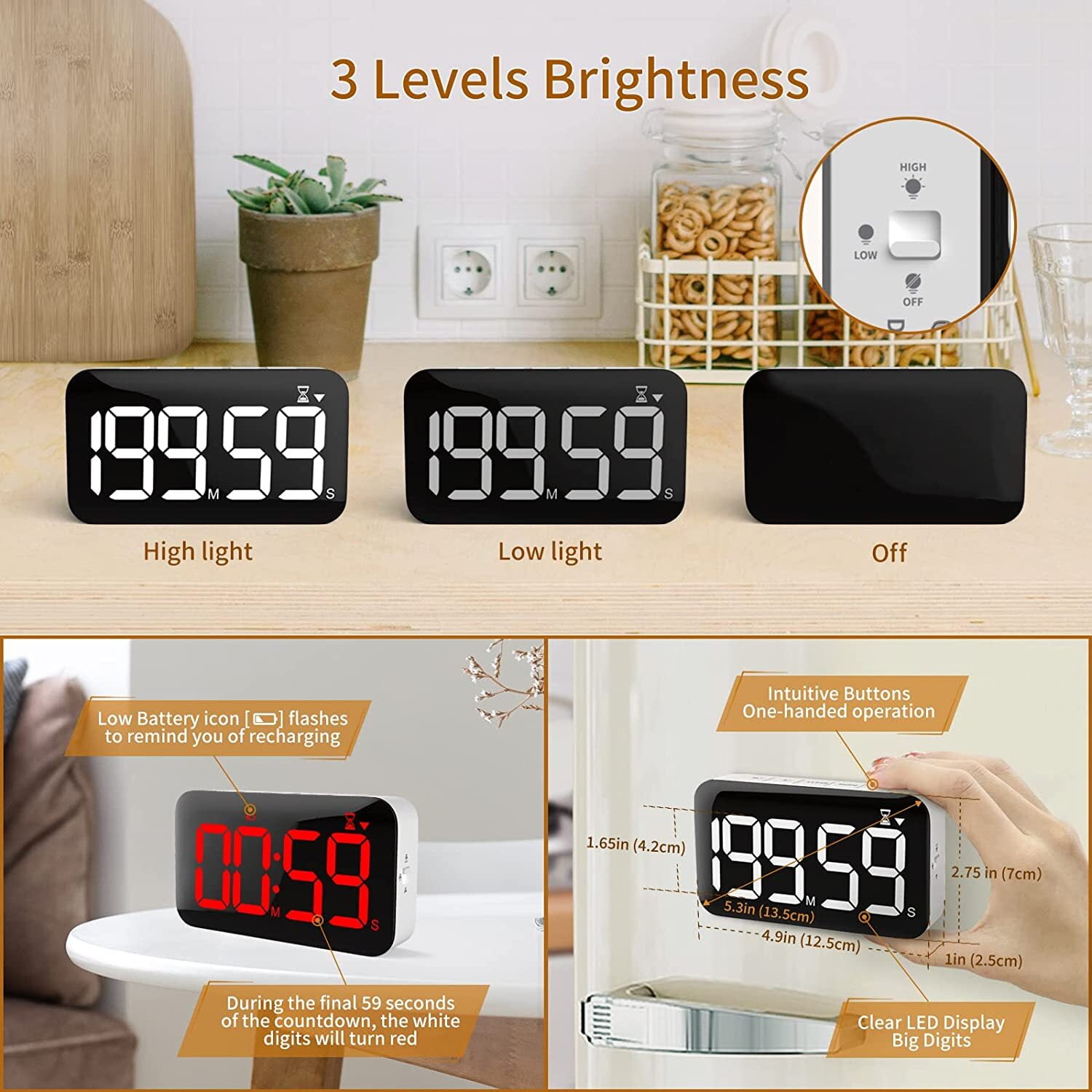  VOCOO Digital Kitchen Timer - Magnetic Countdown Countup Timer  with Large LED Display Volume Adjustable, Easy for Cooking and for Seniors  and Kids to Use (Space Grey) : Home & Kitchen