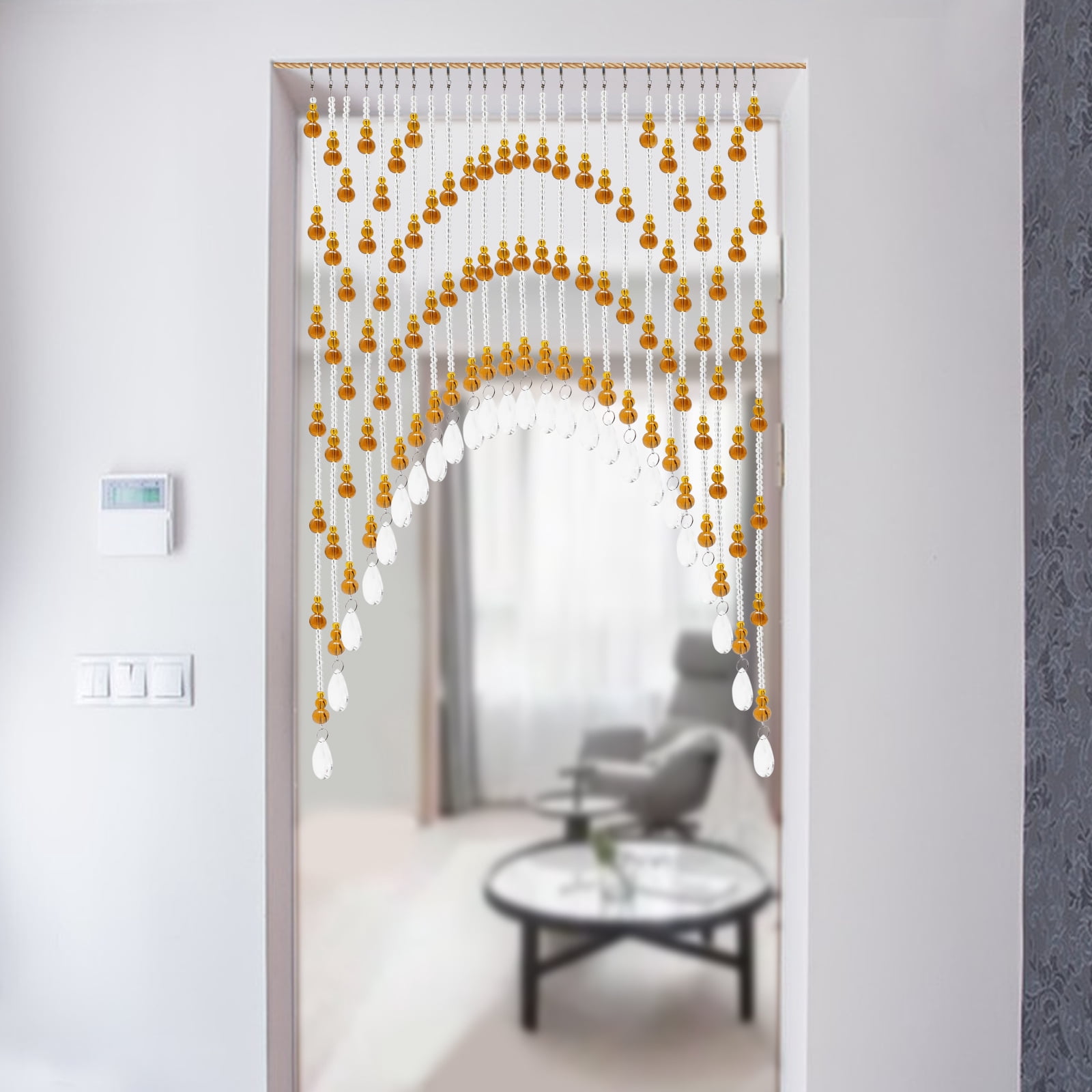 Crystal Glass Beaded Door Curtain 25-60in Adjustable Amber Clear Arched Gourd-Shaped Beads for Doorways, Windows