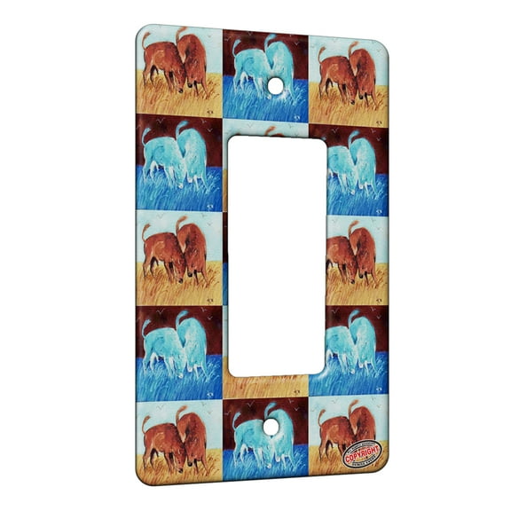 KuzmarK™ 1 Gang Rocker Wall Plate - American Bison Buffalo Calves Battle of the Baby Bulls Wildlife Pattern Art by Denise Every