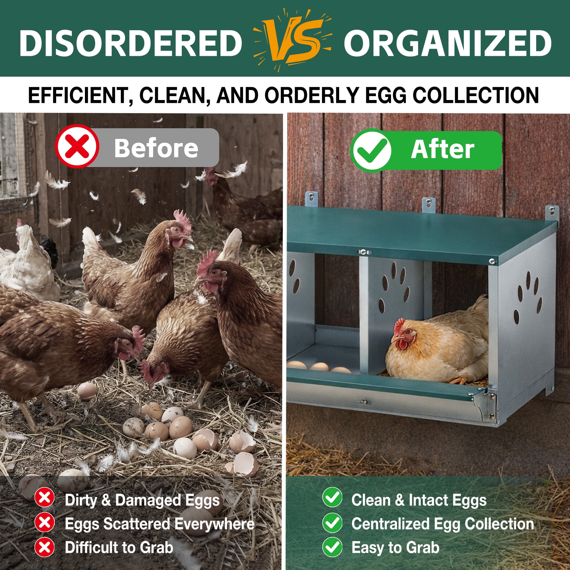 Nesting Box for Chickens, 3-Compartment Galvanized Steel Heavy Duty Metal Egg Laying Box with Ventilation Holes for Poultry Coop, Green