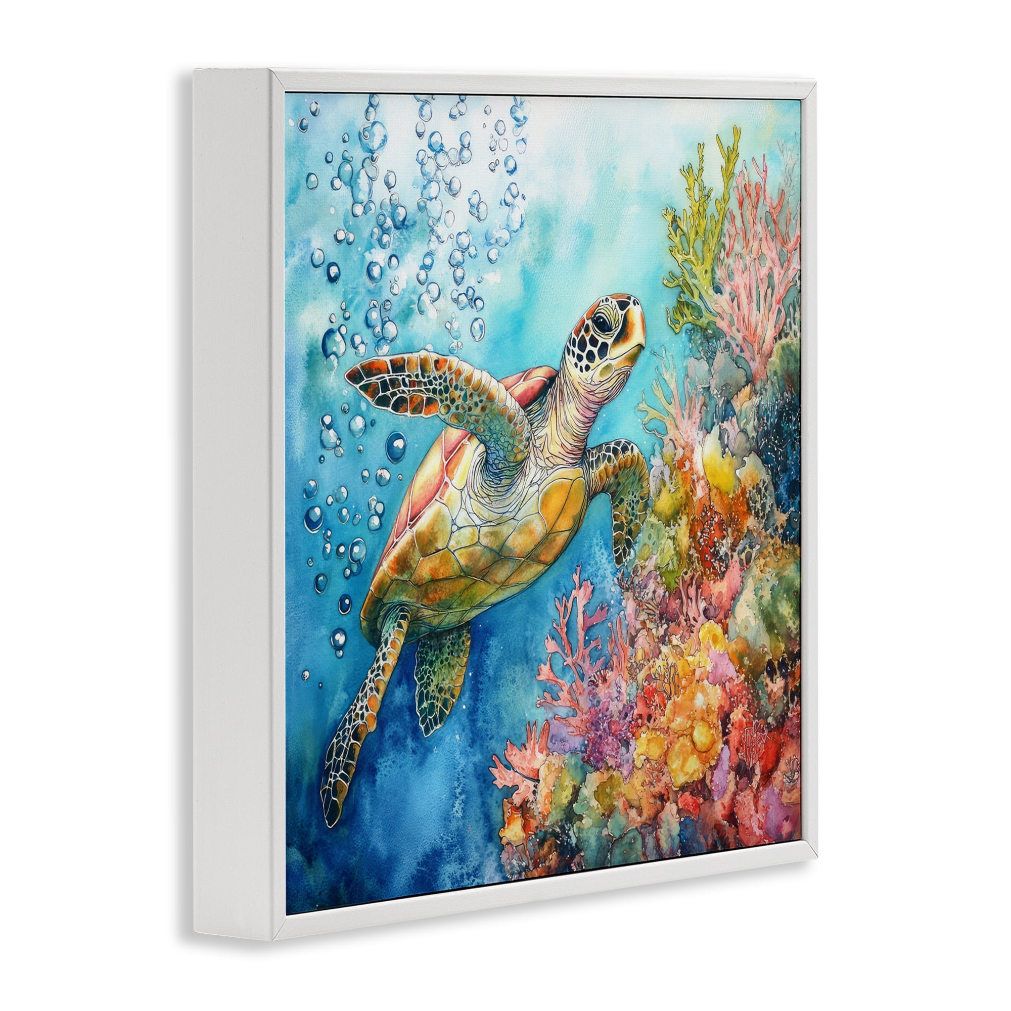 Stupell Industries Underwater Sea Turtle Bubbles White Framed Giclee Art, design by Tina LeCour