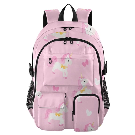 DIXRUYEE Pink Unicorn Bow Pattern Backpack for School 14”Laptop Compatible with Reflective Safety Strips