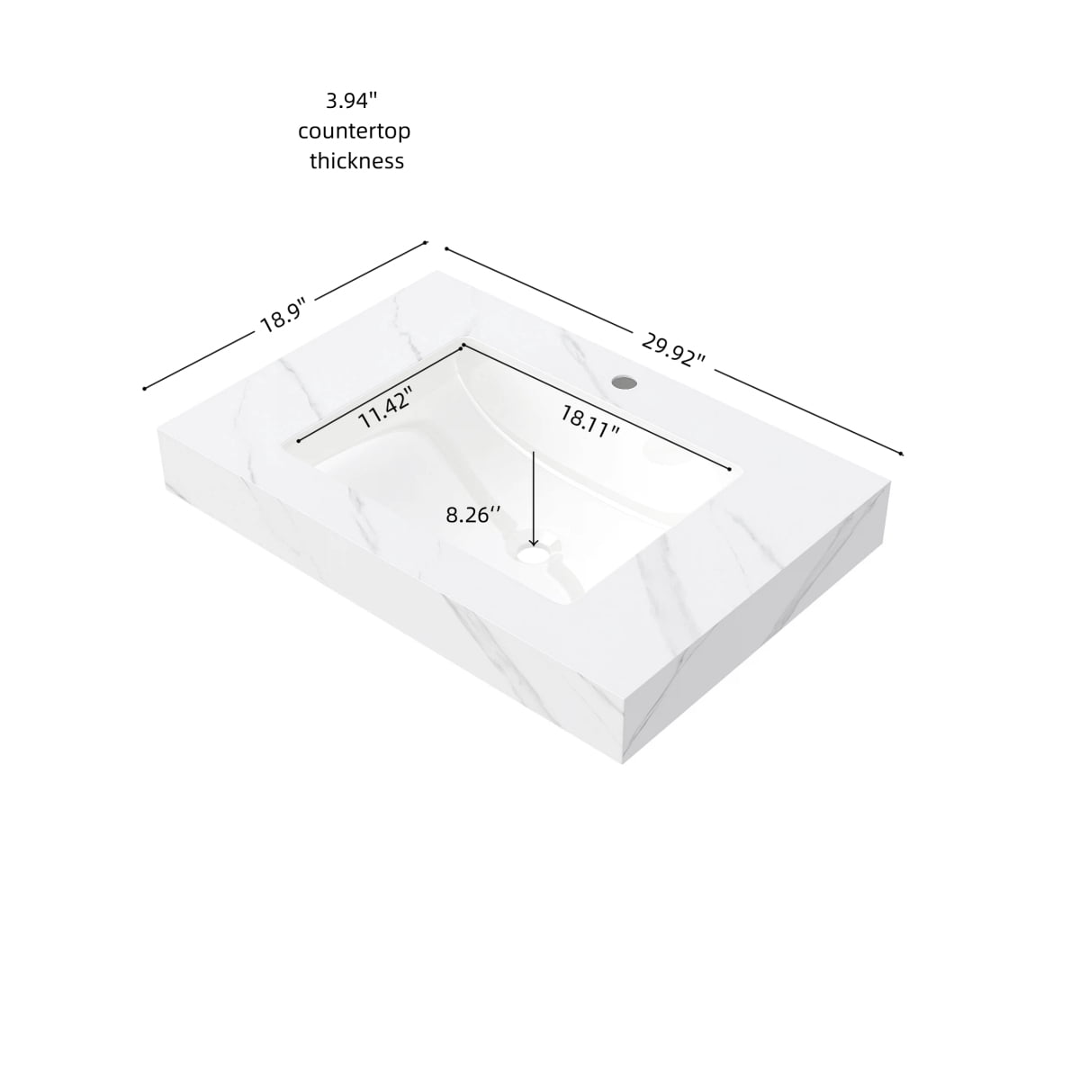 30 Inch Carrara White Sintered Stone Countertop Undermount Ceramic Basin 1 Pre Drilled Faucet Hole No Cabinet