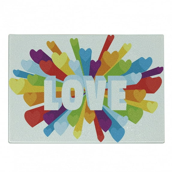 Pride Cutting Board, Love Burst with Little Colorful Hearts and Word LGBT Gay Lesbian Romance Theme, Decorative Tempered Glass Cutting and Serving Board, Small Size, Multicolor, by Ambesonne
