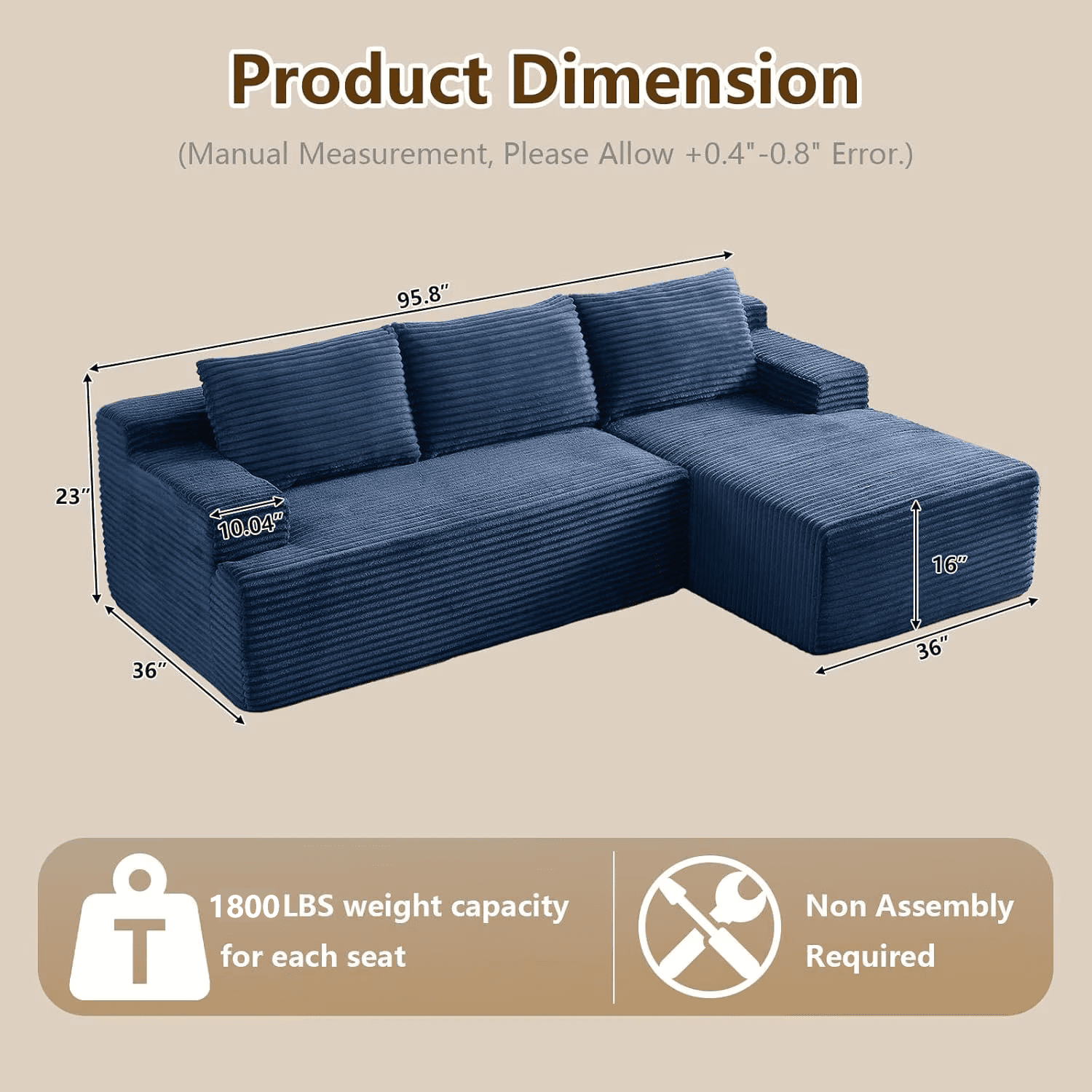 96" Boneless Cloud Couch with Chaise, Modular Sectional Sofa for Living Room, No Assembly Required, Deep Seat Corduroy Couch, Blue