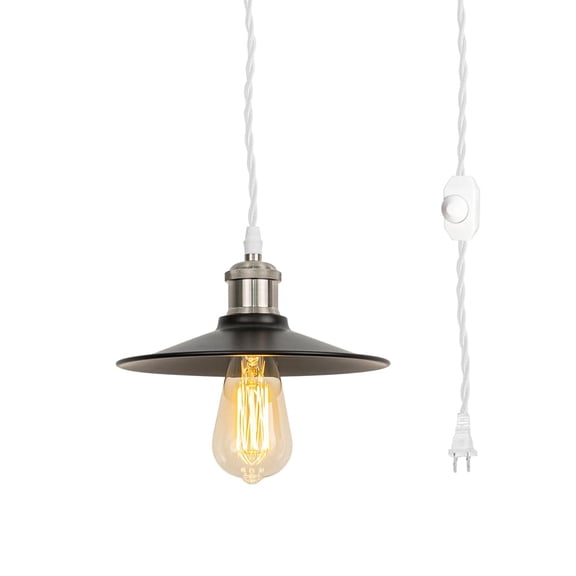 KAYYELAMP 19.6 Feet Dimmable Switch Plug in Cable Bright Nickel E26 Base Black Metal Shade Retro Design Hanging Lamp for Kitchen Bar Bedsides(No Bulb)