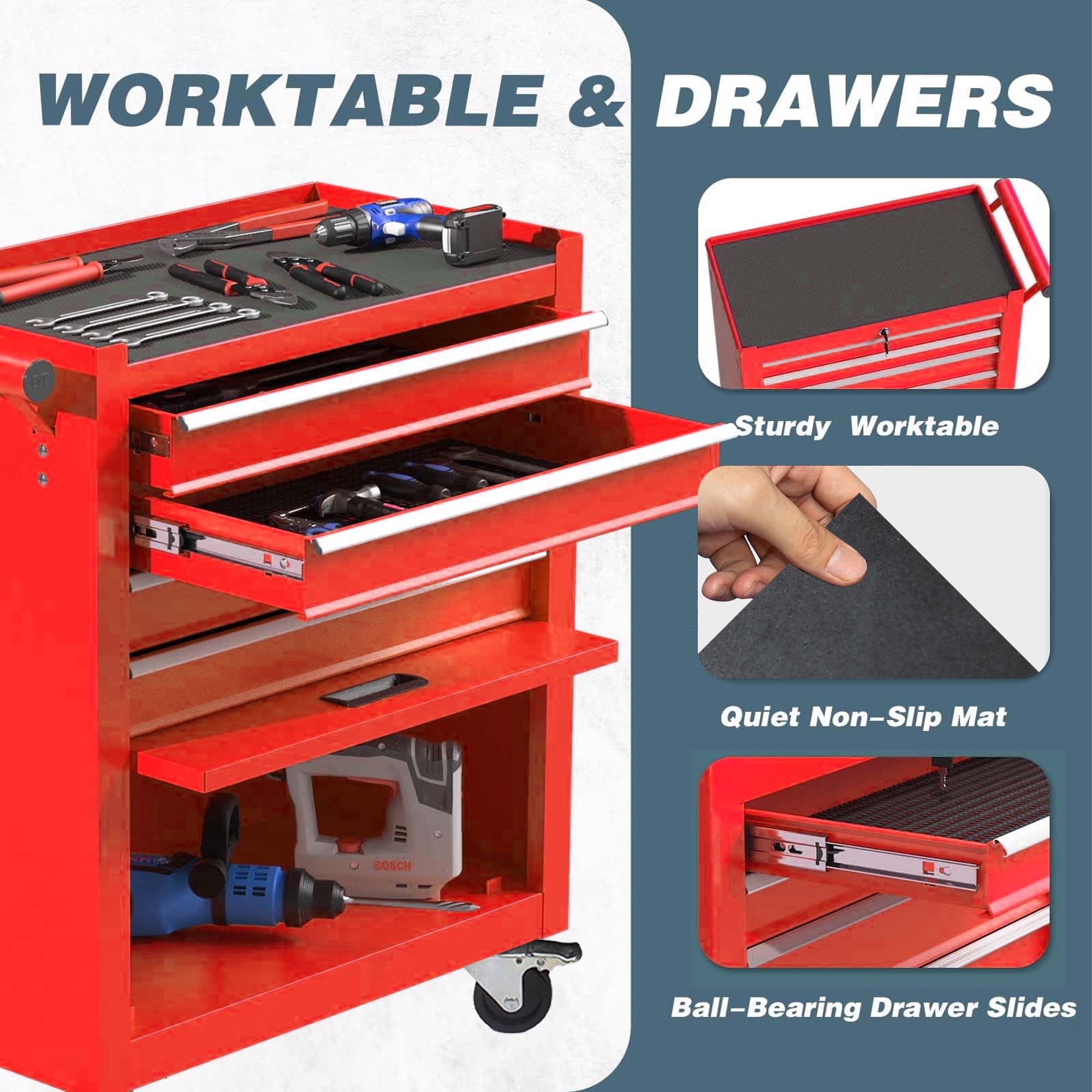 Aukfa Tool Box, 24.5 in Steel Rolling Tool Chest&Cabinet On Wheels for Garage, 4-Drawer, Red