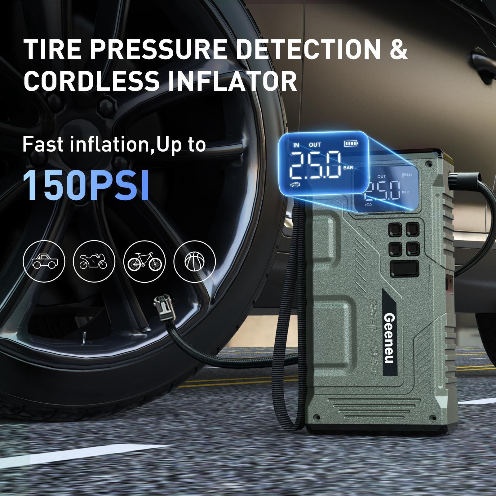 Geeneu 5000A Peak Car Battery Jump Starter with Air Compressor,12V 150PSI Portable Battery Jump Starter Box for Up to 9L Gas 7.5L Diesel Engine with Digital Tire Inflator