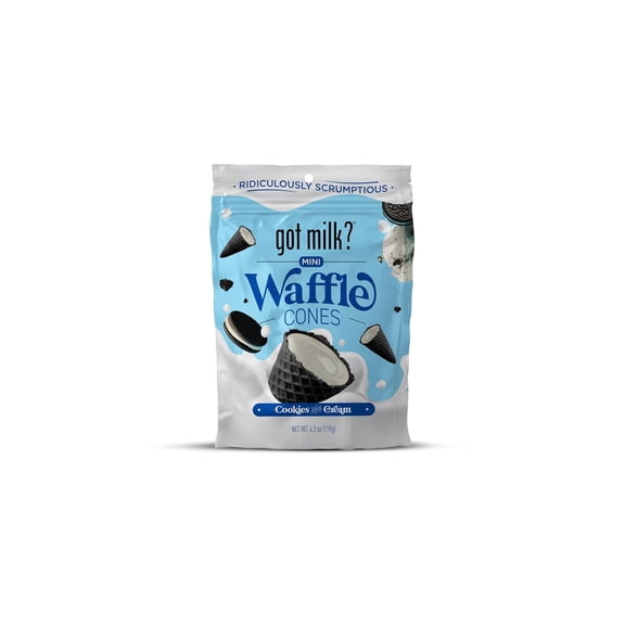 got milk? Mini Waffle Cones, Cookies and Cream, 4.24 Oz. / 119g Resealable Bag, Delicious White Chocolate Filled Cocoa Waffle Cone Bites, Mini Ice Cream Cones for Dessert or Snack
