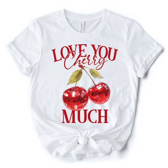 Love You Cherry Much T-Shirt, Retro Disco White Tee for Fun Women