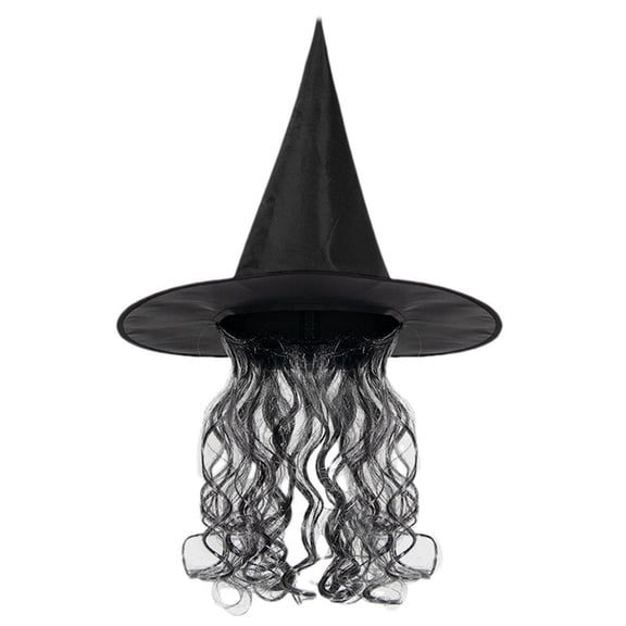 Odeerbi Womens Halloween Witch Hat with Long Hair Wide Brim Pointed Tall Hat Party Dress Up Accessory