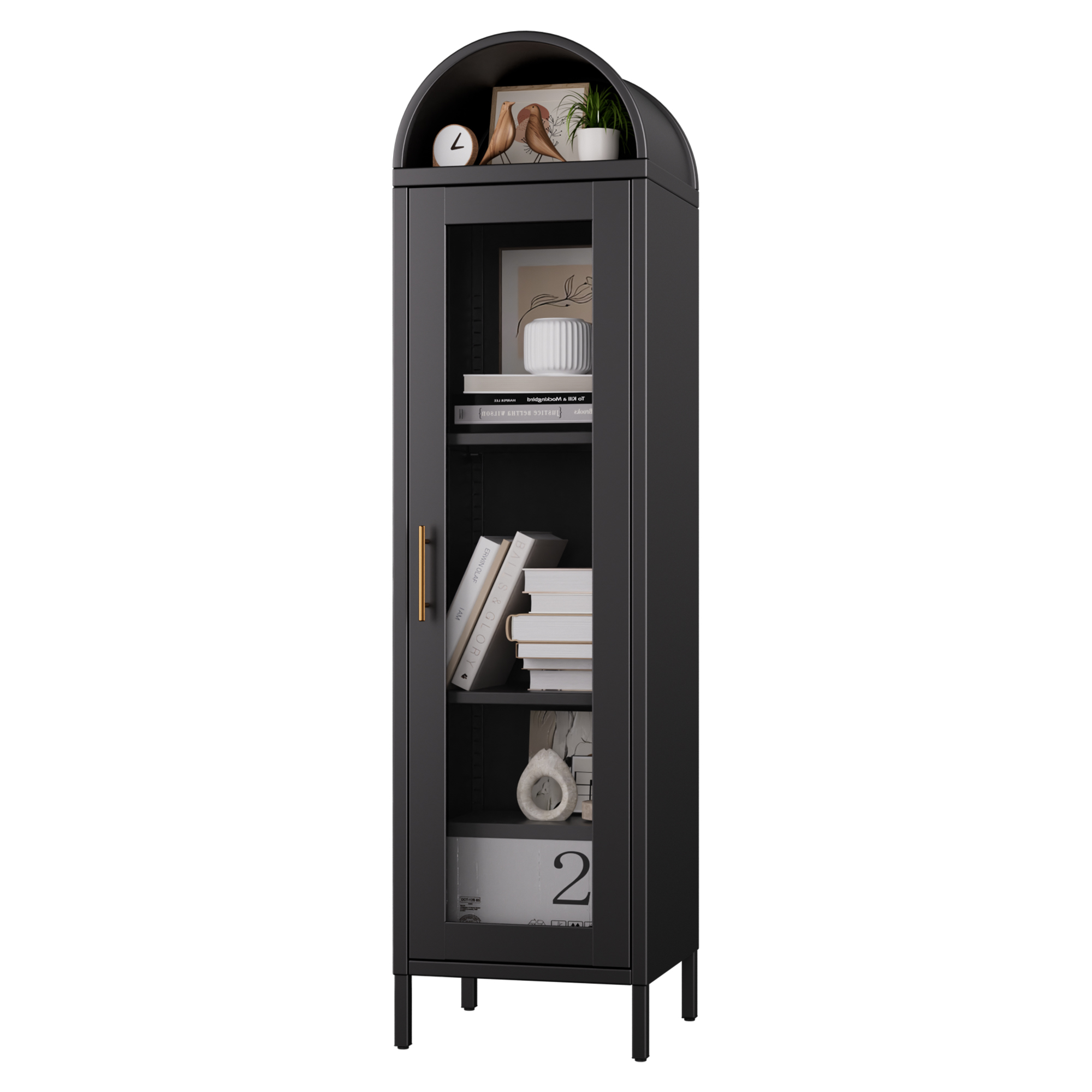 Aobabo Metal Arched Cabinet, Arch Display Bookcase with Glass Door and Shelves, Kitchen Pantry Cabinet for Dining Room, Home, Office, Study Room, Assembly Required,Black,15.35"D x 16.26"W x 63"H