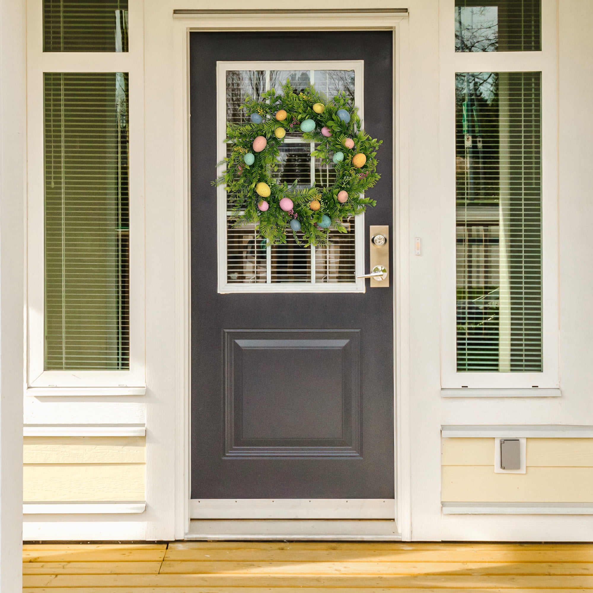 Unique Bargains Easter Wreath Artificial Colorful Eggs Wreaths for Front Door Decor Green