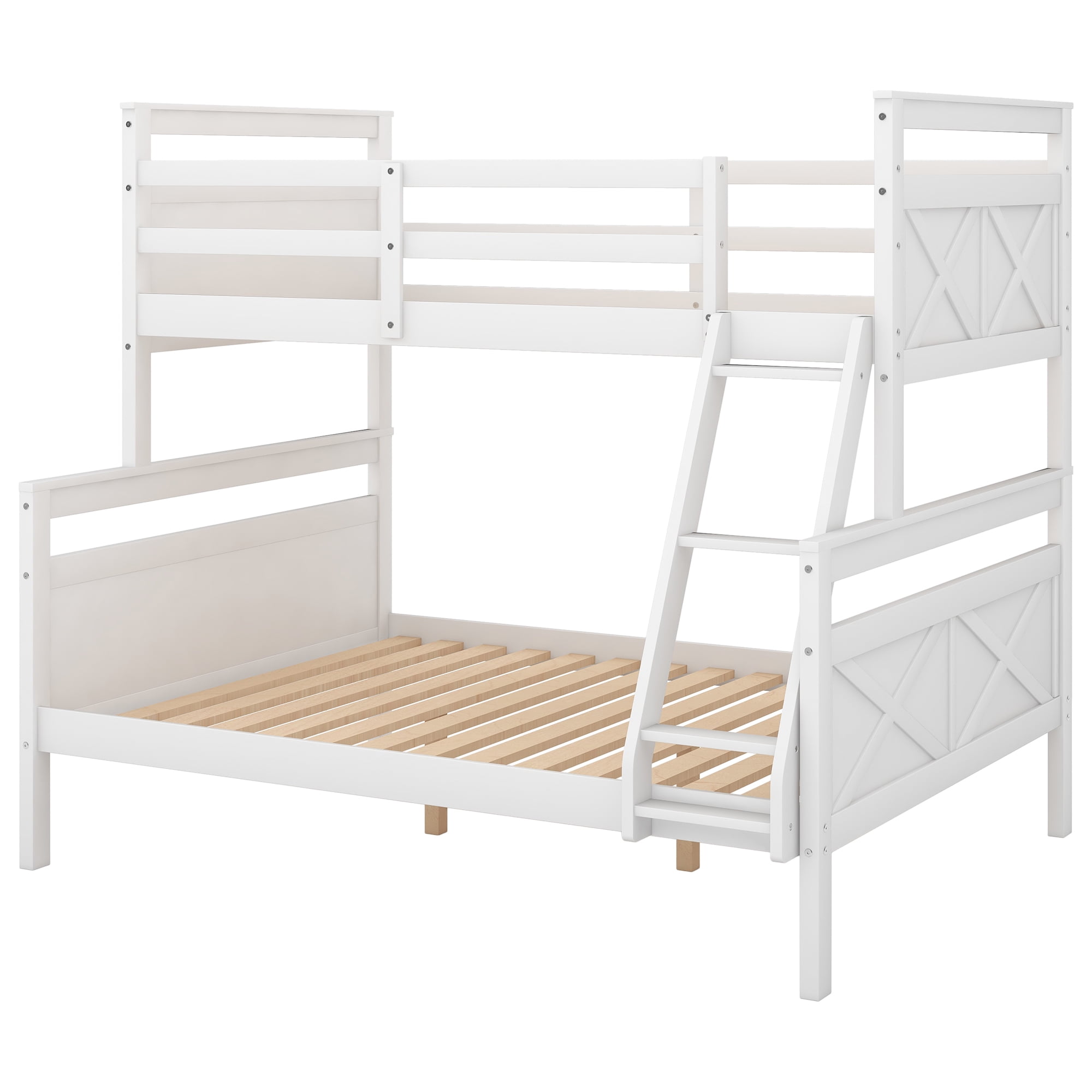 Euroco Modern Solid Wood Twin over Full Kids Bunk Bed Frame with Ladder, White